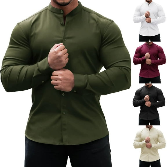 Utoimkio Men's Long Sleeve Shirts Casual Button Down Stand Collar Loose Fit Lightweight Shirts Cardigan Blouse Tops for Men