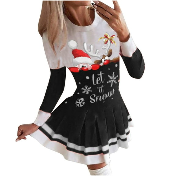 AOOCHASLIY Women Casual Dress Christmas Printed O-Neck Pleated Skirt Long Sleeve Dress