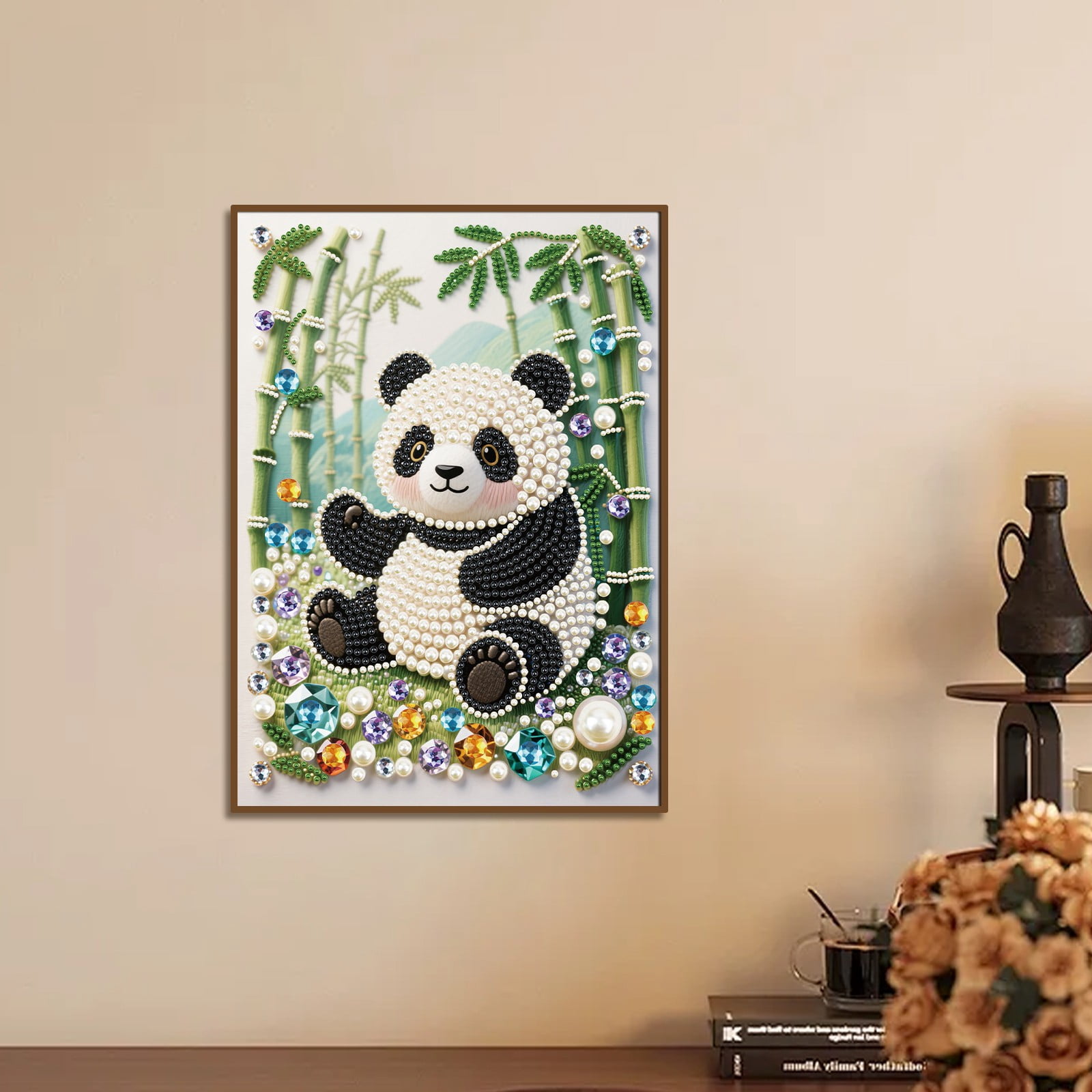 FLOPESN DIY Gemstone Pearl Painting Kit - 9.84x13.78 Inch Frameless Colourful Canvas Art for Adults, Stress Relief Craft & Home Wall Decor-Panda