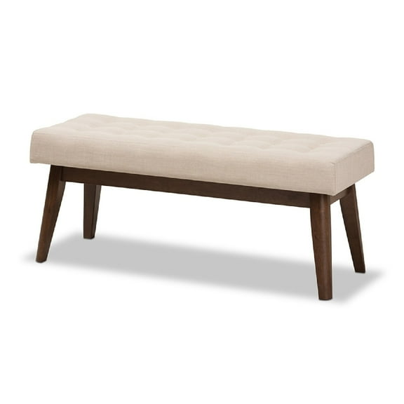 Baxton Studio Elia Mid-Century Modern Walnut Wood Light Beige Fabric Button-Tufted Bench
