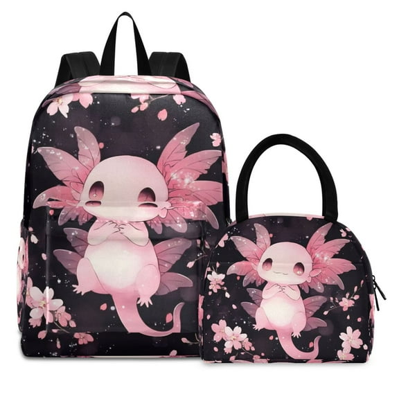 ALAZA Backpack Set Cute Axolotl Cherry Blossom Elementary School Bags Student BookBag with Lunch Bag