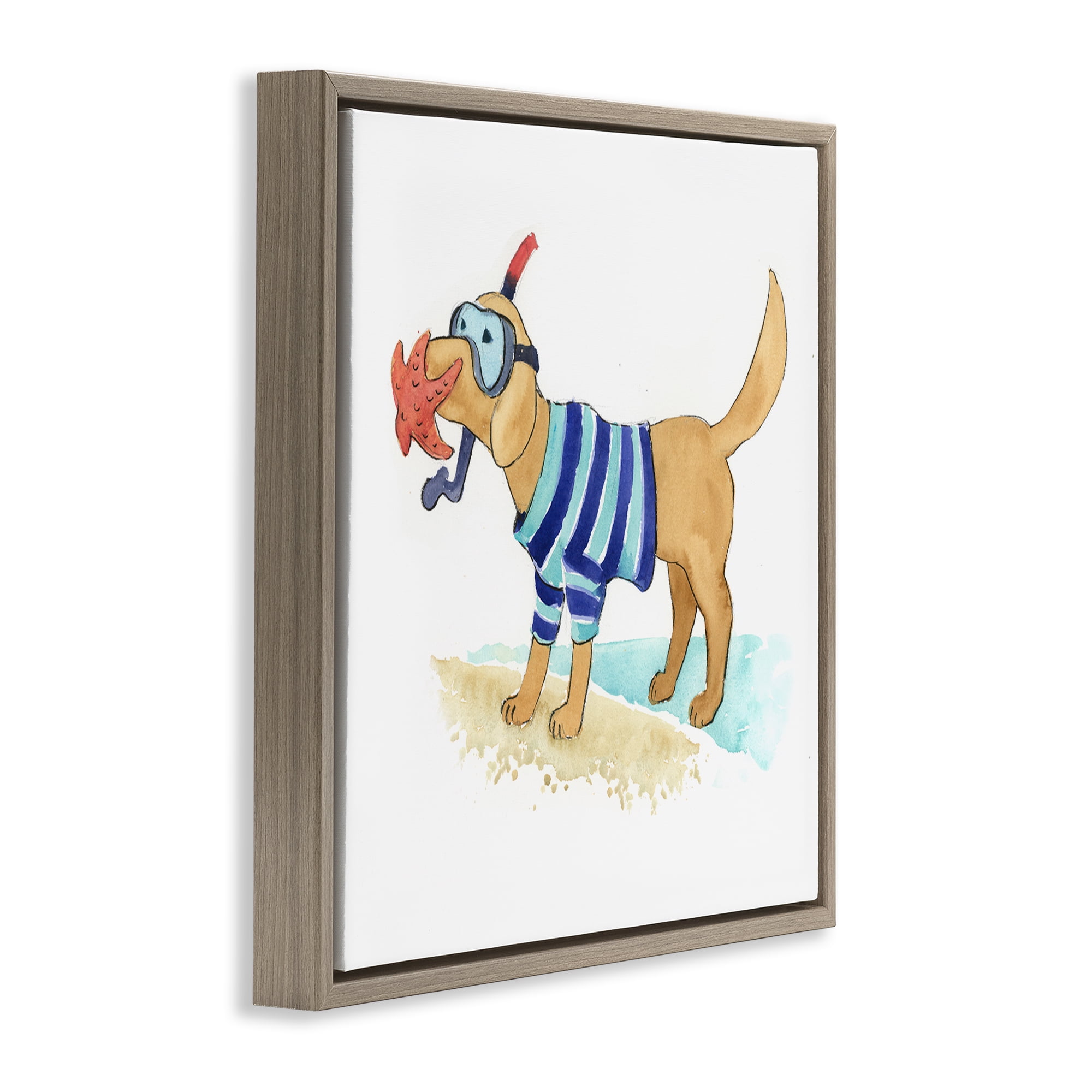 Stupell Industries Sandy Dog with Snorkel Animals Painting Brown Floater Framed Canvas Art Print Wall Art, 18 x 18