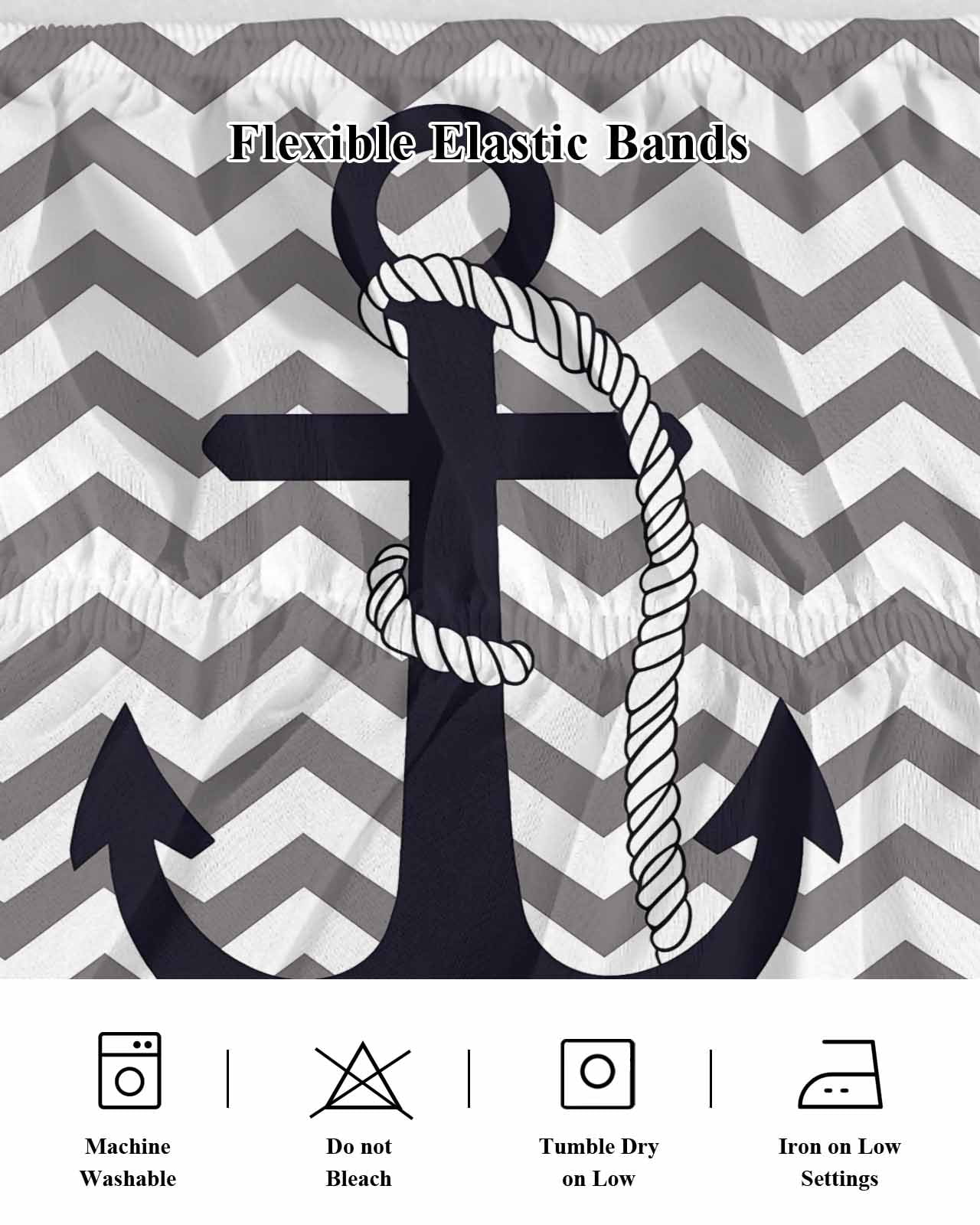 Grey Zigzag Wrap Around Bed Skirts for Queen Bed 16" Drop, Bed Skirt with Adjustable Elastic Belt Dust Ruffle Bed Valance for Bedroom Hotel Luxury Coastal Nautical Anchor Stripes Bed Frame Cover