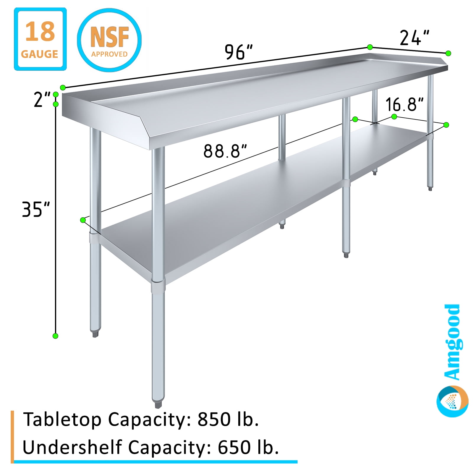 AmGood 96" Long x 24" Deep Commercial Work Table with Backsplash and Sidesplashes | Stainless Steel Prep Table for Kitchen, Restaurant, Garage, Laundry | NSF