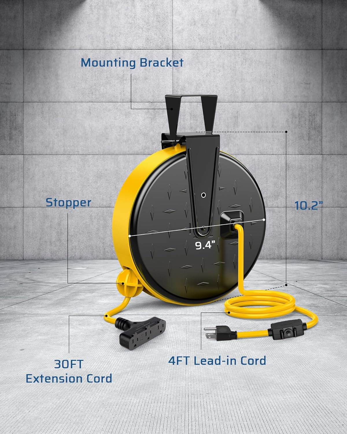 30 Ft Retractable Extension Cord Reel, Ceiling/Wall Mount 16/3 Gauge SJTW Power Cord with 3 Electrical Outlets Pigtail for Garage and Shop, 10 Amp Circuit Breaker, Metal Plate, UL Listed