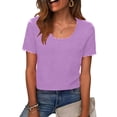 thumbnail image 7 of qucoqpe Womens Summer Tops Fashion Casual Solid Color Curved Crew Neck Scalloped Hemline Short Sleeve T-shirts Trendy Business Blouses Loose Fitted Tee, 7 of 7