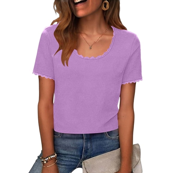 KIHOUT Women's Delicate Lace Trim Scoop Neck Short Sleeve T-Shirt Stretchy Cropped Casual Summer Top for Everyday Wear