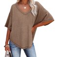 thumbnail image 5 of JGGSPWM Women's V-Neck Batwing Half Sleeve Waffle Knit Loose Solid Color Blouse Tops Khaki L, 5 of 7
