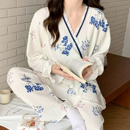 

CoCopeaunt Floral Printed Ladies Kimono Style Pajamas Set Loose Thin V-Neck Long Sleeves Gauze Cotton 2Pcs Sleepwear Loose Homewear