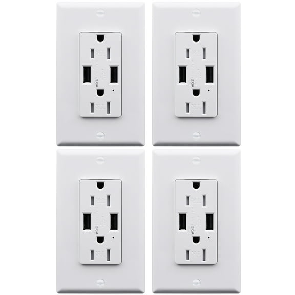 Greencycle 3.6A 2-Port USB Wall Outlet, 15 Amp Tamper Resistant Receptacles with Dual USB Type A Charging Ports, 15A/125V/1875W, UL Listed 4 Pack White