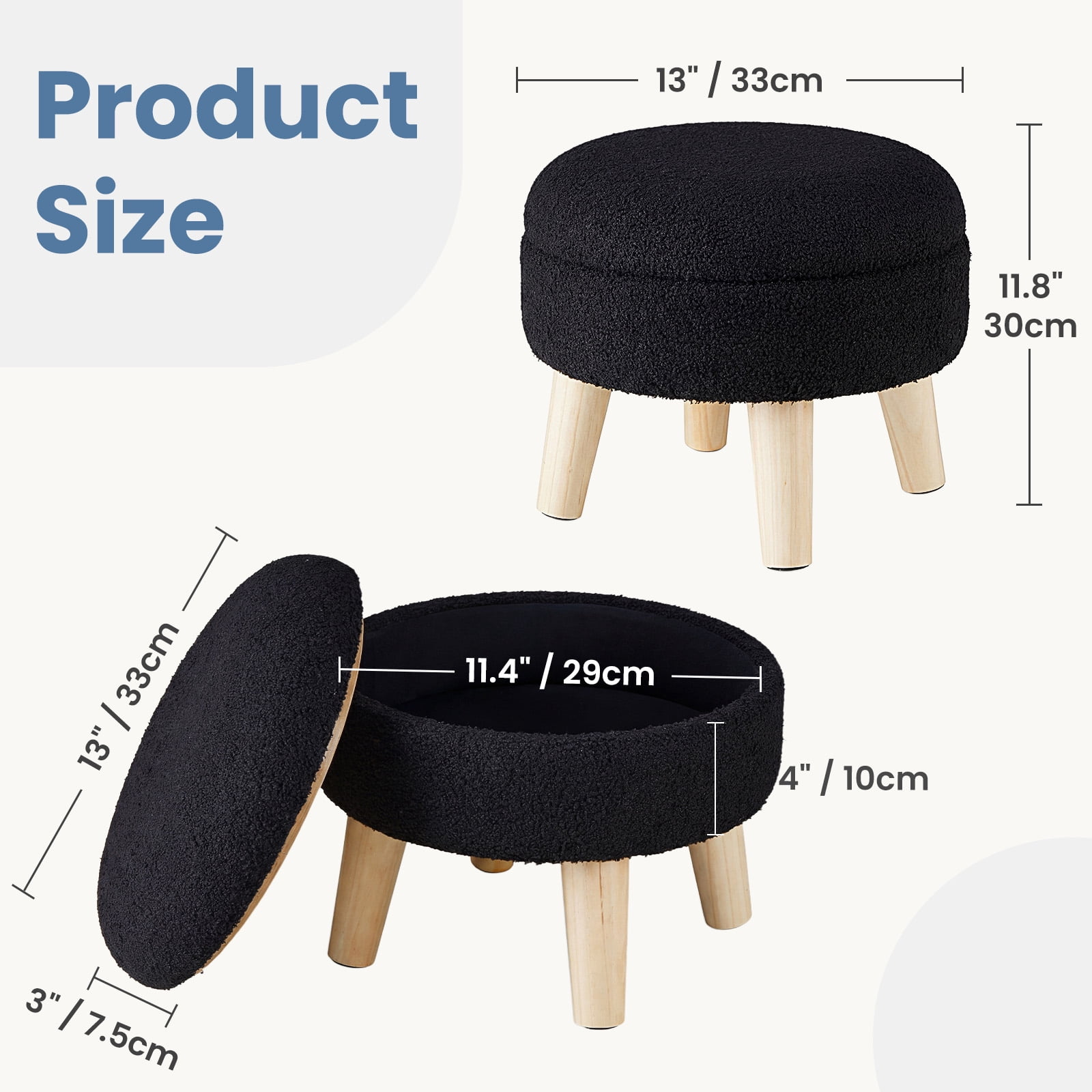 CONCETTA Round Storage Ottoman with Soft Padded Seat, Teddy Velvet Footstool with Wood Legs, Accent Ottoman for Living Room & Entryway,Black
