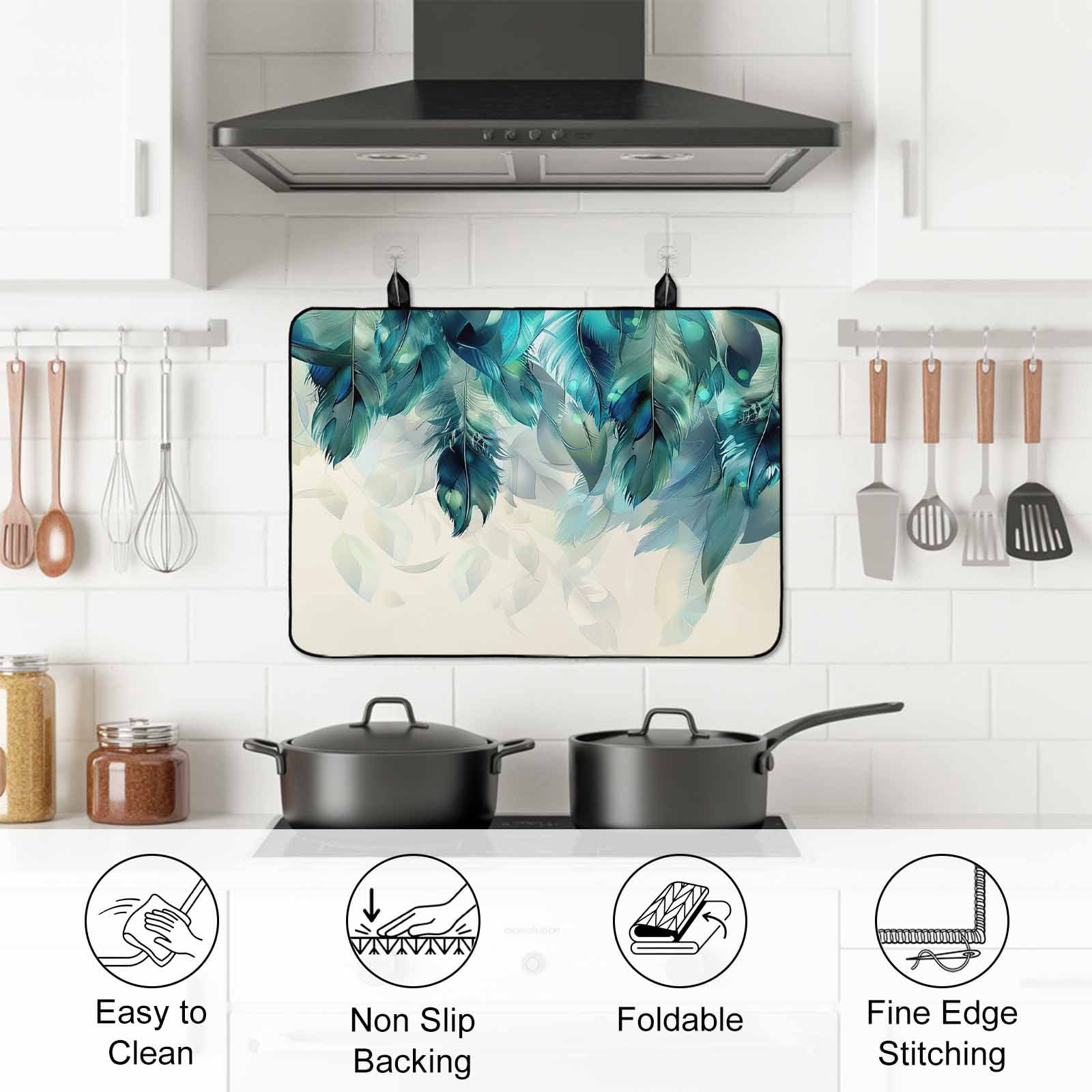 Teal Feather Stove Top Cover for Electric Stove, Heat-proof & Non Slip Glass Top Stove Cover Protector, Farmhouse Feather Art Teal Ombre Kitchen Flat Cooktop Rubber Mat 24x21 Inches