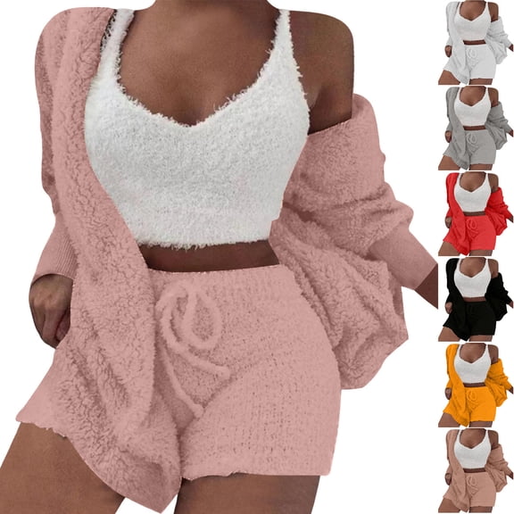 Ashyfjp Womens Matching Three Piece Sets Long Sleeve Open Outer Cardigan   Sleeveless Crop Tank & Elastic Waist Side Pocket Drawstring Shorts Everyday Outfit, Size (S-3XL)