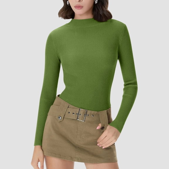 NTACZA Fall Tops for Women Thermal Slim Fit Green Crewneck Undershirt Ribbed Long Sleeve Basic T Shirt Women Shirt L