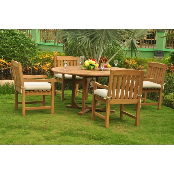 Teak Dining Set: 4 Seater 5 Pc: 60" Round Dining Table And 4 Devon Arm/Captain Chairs Outdoor Patio Grade-A Teak Wood WholesaleTeak #WMDSDVl