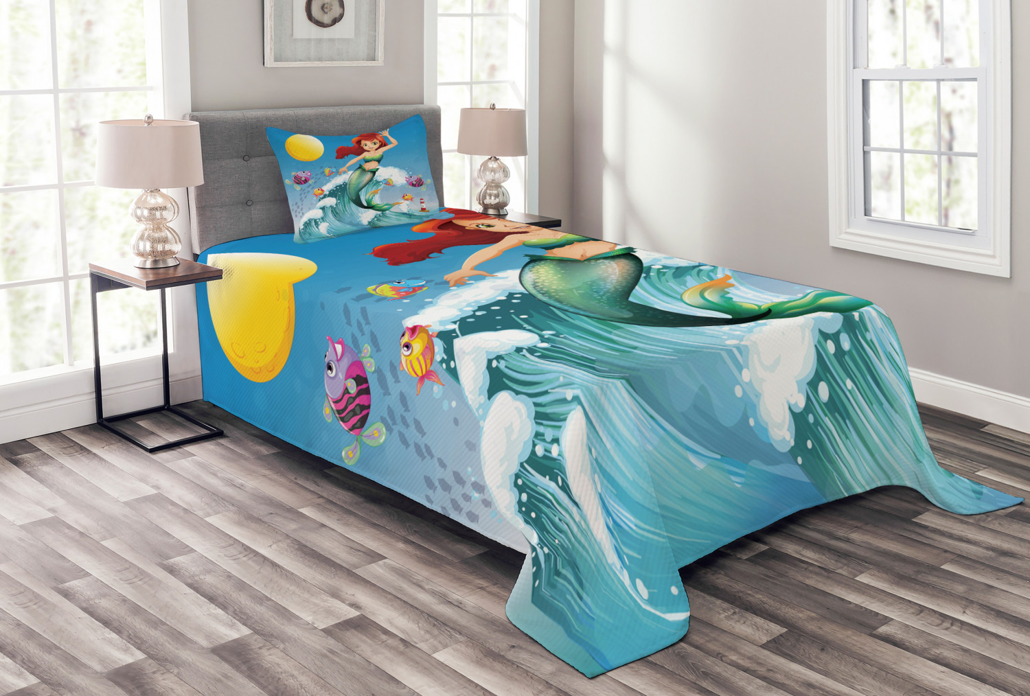 Twin Size Soft Comfortable Top Sheet Decorative Bedding 1 Piece Multicolor Illustration Little Girl on top of a Big Wave in The Surf Fish Kids Ambesonne Mermaid Flat Sheet