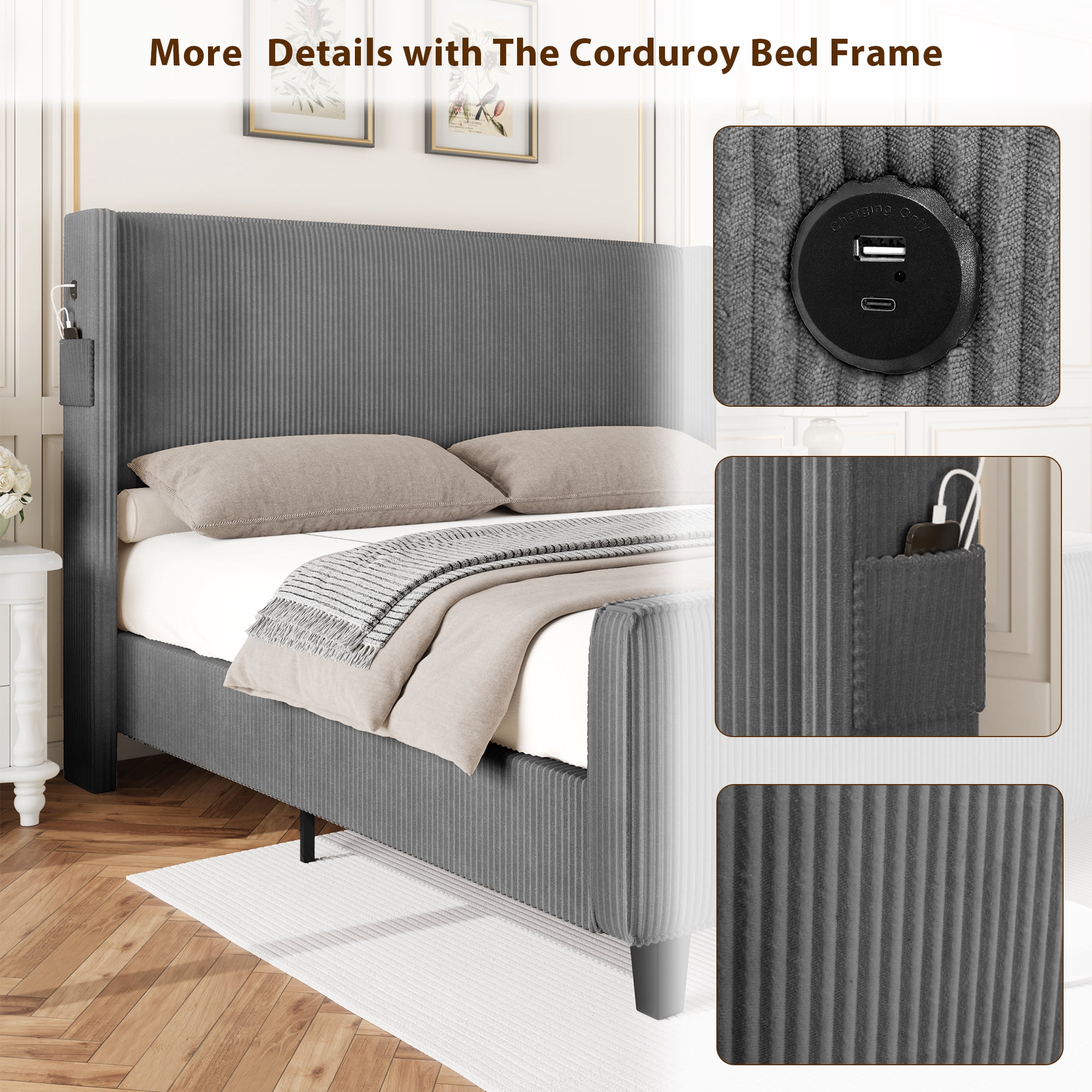 Gewnee 51"High Headboard Platform Queen Bed Frames,Corduroy Upholstered Bed Frame with USB Ports、Wingback and High Footboard.(Dark Grey)