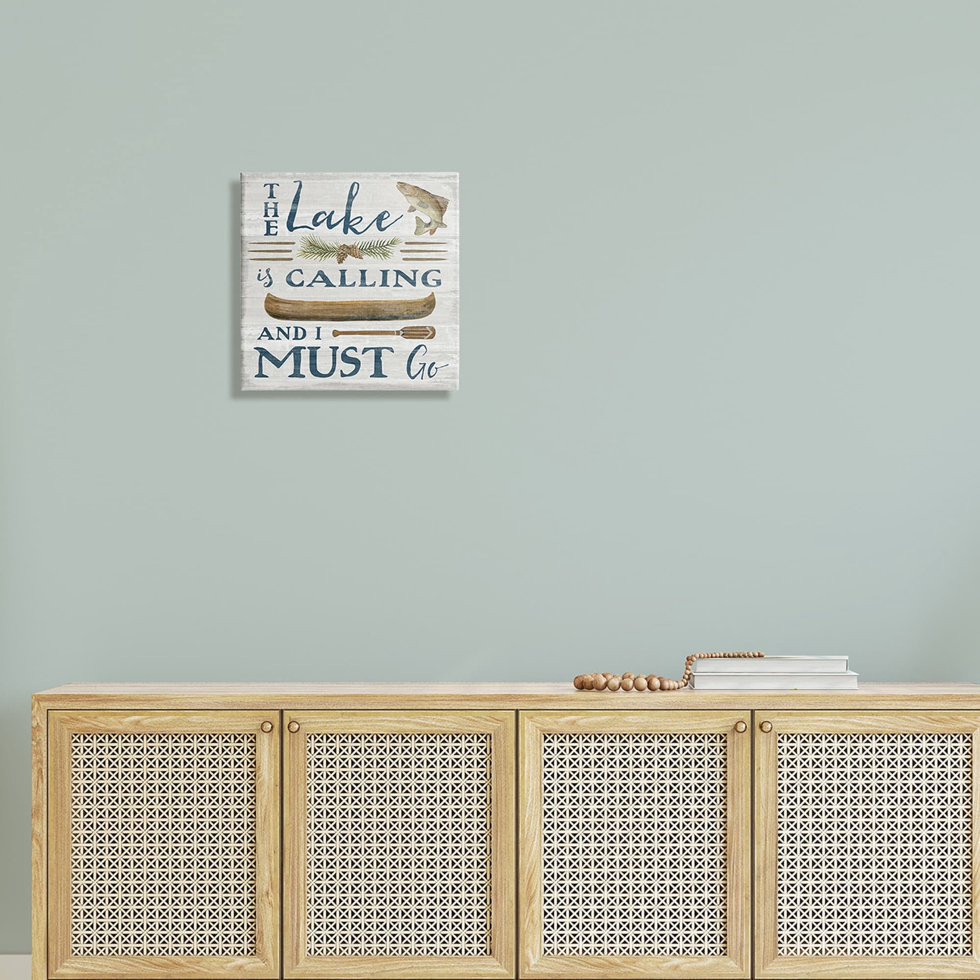 Stupell Industries Lake Is Calling Quote Pinecone Botanical Rustic Canoe Graphic Art Gallery-Wrapped Canvas Print Wall Art, 17x17, by Silvia Vassileva