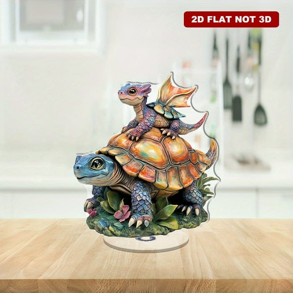 Rotating acrylic sculpture of a vibrant baby dragon on an adult turtle set against a white background for a whimsical decor accent