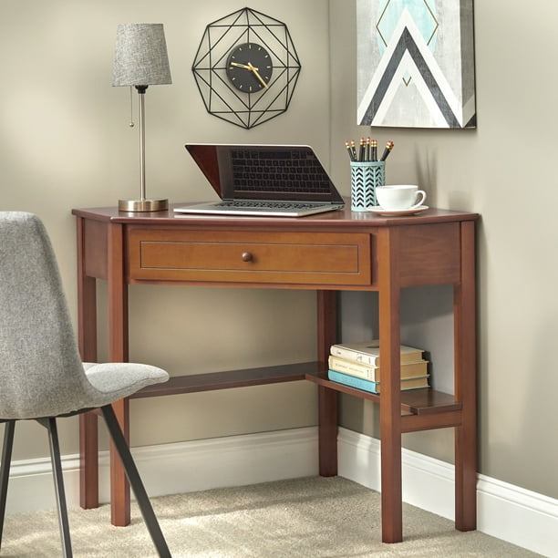 Corner Writing Desk with Pullout Drawer and Shelf, Brown