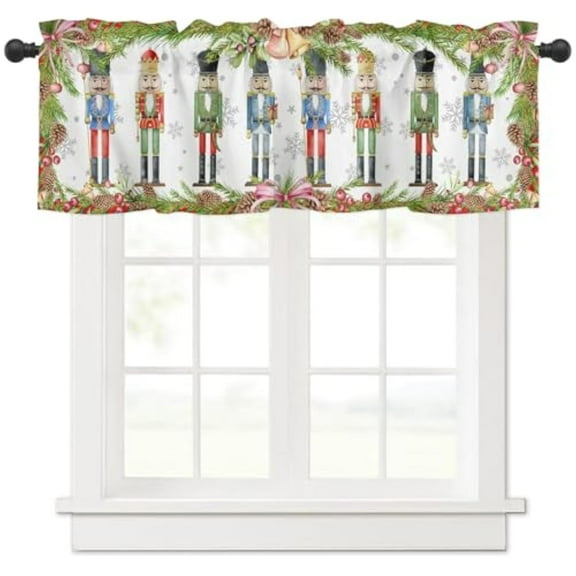 Christmas Green Valance for Kitchen Bedroom, Cartoon Nutcrackers Curtain for Living Room Bathroom, Green Window Treatment Valance Rod Pocket Curtain, 54 W x 18 L