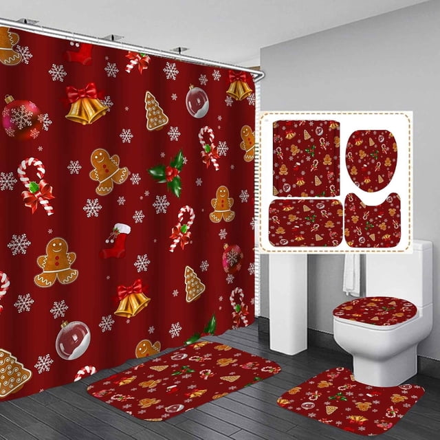 Juego de 4 cortinas de ducha con dibujos de Papá Noel, bolas de Navidad con cuadros rojos y negros, decoración navideña para el baño, cortina de ducha de tela impermeable, alfombrilla de baño