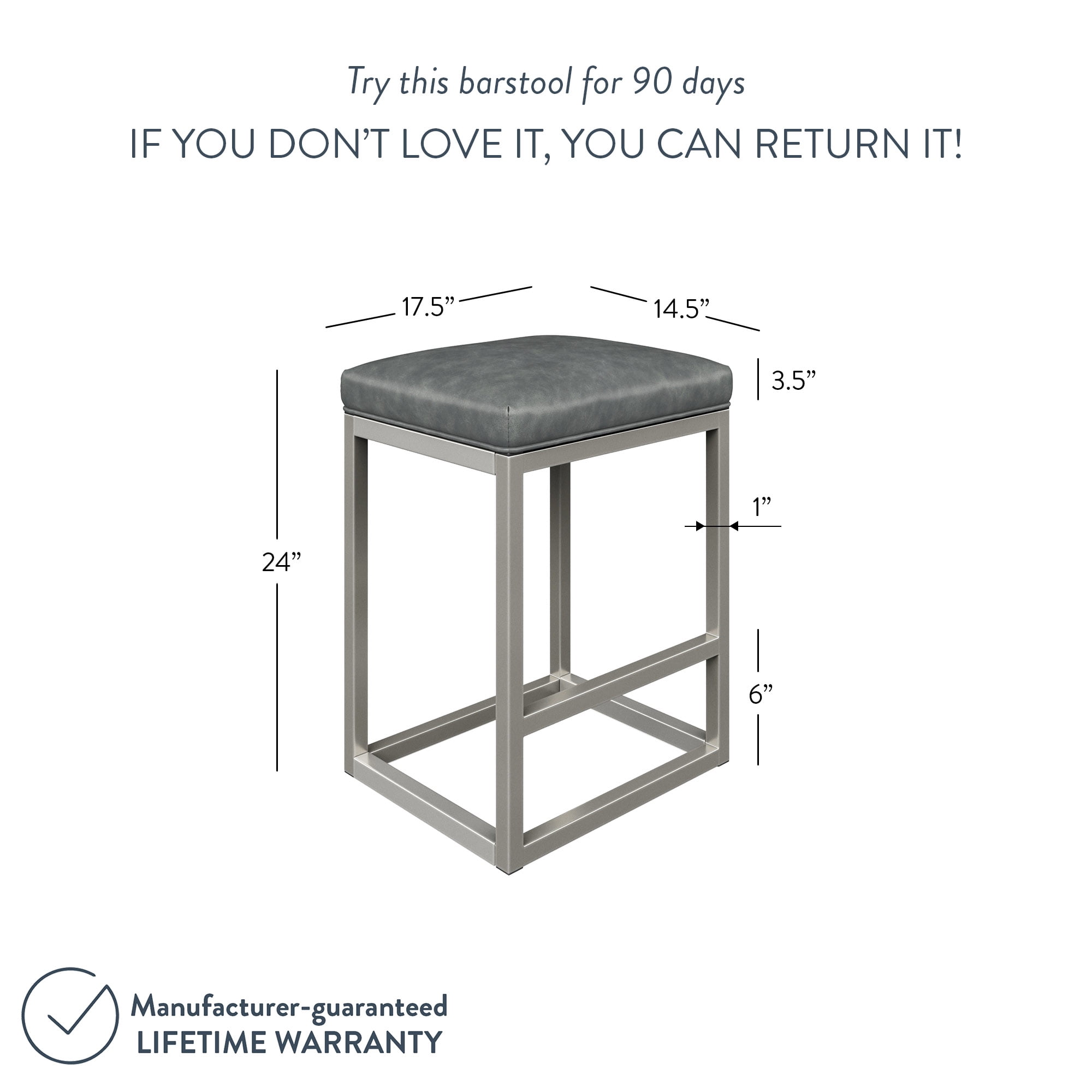 Nathan James Nelson Bar Stool with Leather Cushion and Metal Base, 24", Gray/Stainless Steel