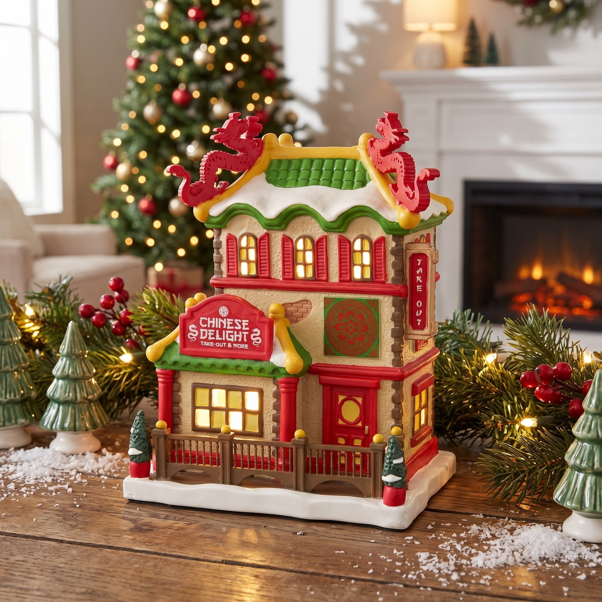 Light-Up Porcelain Chinese Restaurant Christmas Village Building, Multicolor, 7.88", by Holiday Time