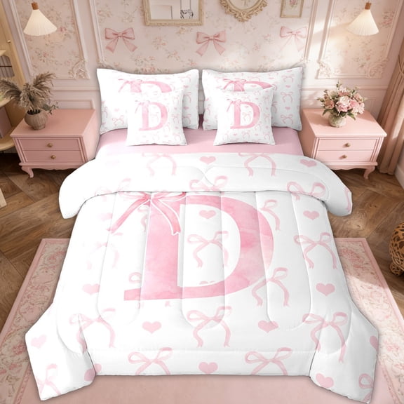Erosebridal Girly Fairly Bedding Full Size, Romantic Initial D Bed in a Bag Full size, Kawaii Pink Bowknot, Reversible 7pcs