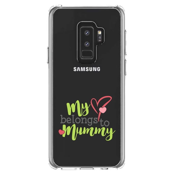 DistinctInk Clear Shockproof Hybrid Case for Samsung Galaxy S9  PLUS (6.2" Screen) - TPU Bumper Acrylic Back Tempered Glass Screen Protector - My Heart Belongs to Mummy