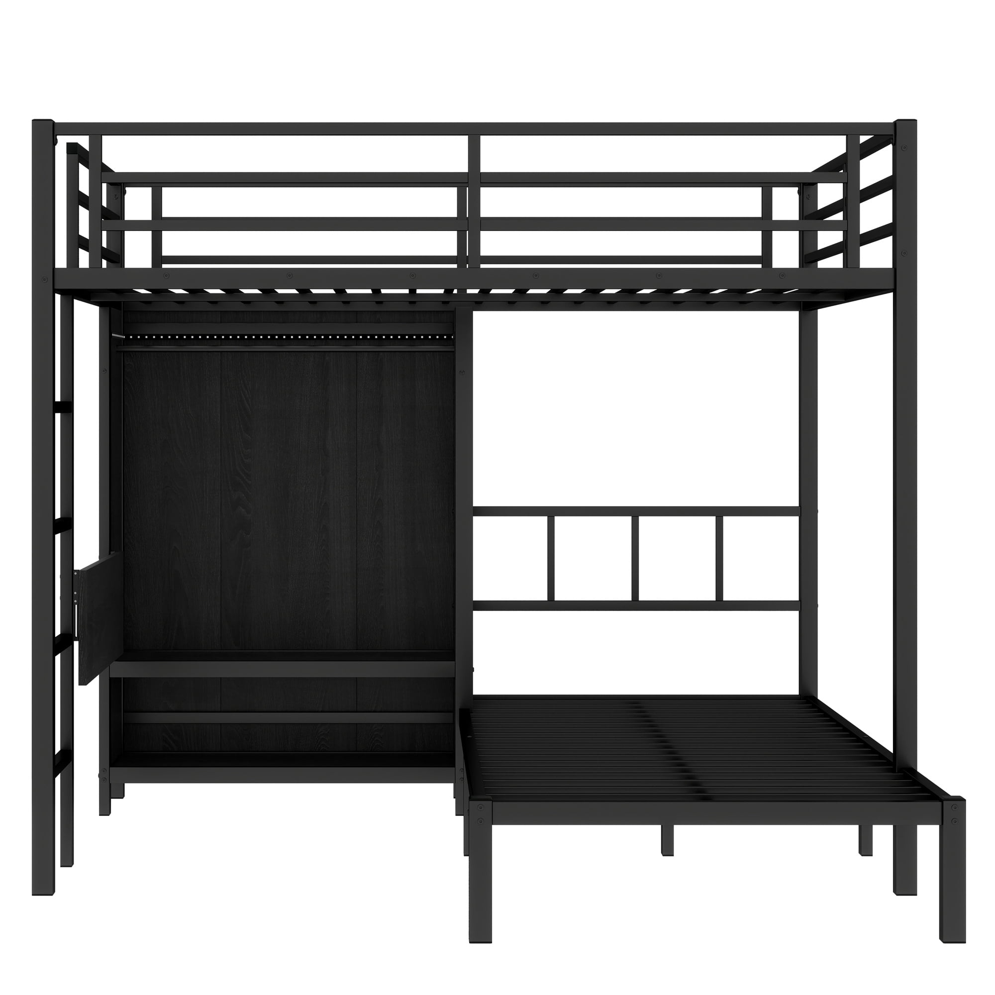 Full XL Over Twin Bunk Bed, Metal Bunk Bed Frame with Folding Desk, Closet with LED,Space-Saving/Noise Reduced, Black