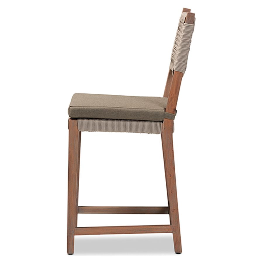 Baxton Studio Heyna Mid-Century Transitional Grey Woven Rope Mahogany Counter Stool