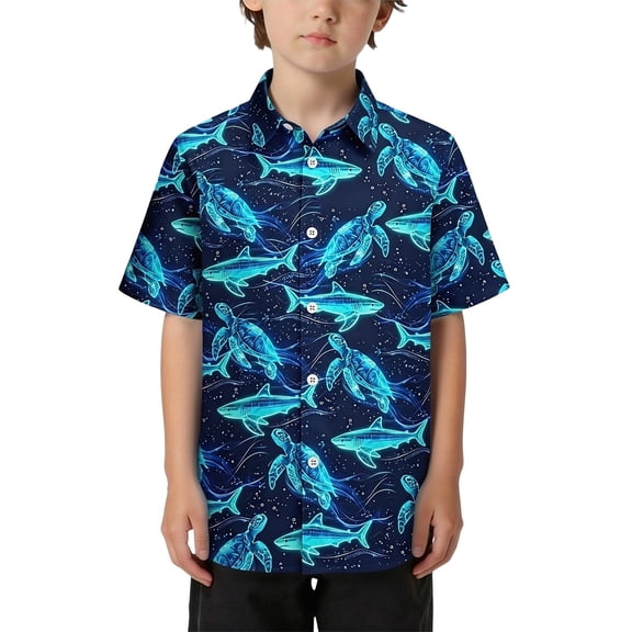 Byoo Toddler Boys Shark Printed Tee Shirt Vibrant Lightweight Short Sleeve Summer Button Down Shirt,Blue