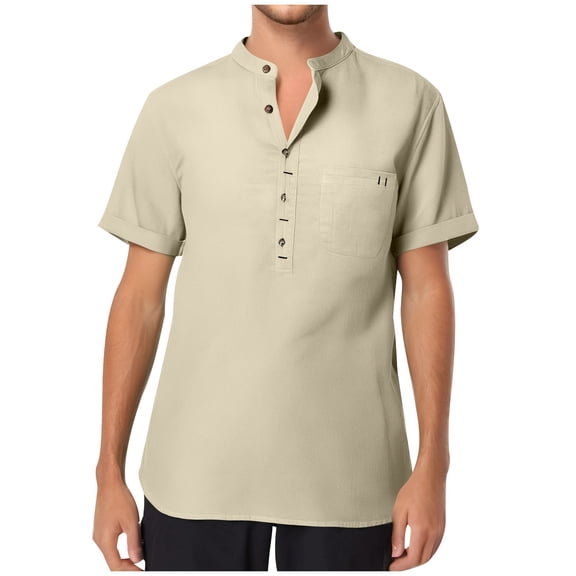 HAiming Men's Short Sleeve Cotton Linen Shirts Lightweight Casual Button Loose Summer Beach T-Shirt