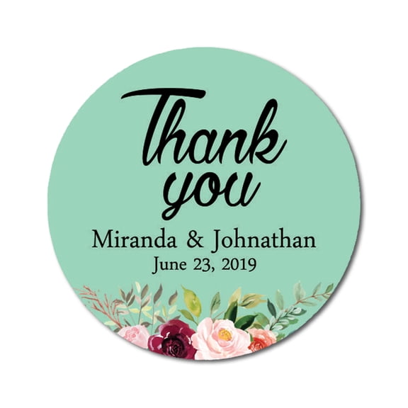 Darling Souvenir Round 45 Pieces Peony Floral Thank You Stickers Personalized Bride Groom Names And Date Envelope Seals-Mint