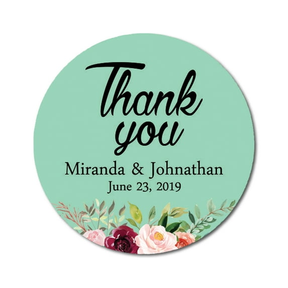 Darling Souvenir Round 45 Pieces Peony Floral Thank You Stickers Personalized Bride Groom Names And Date Envelope Seals-Mint