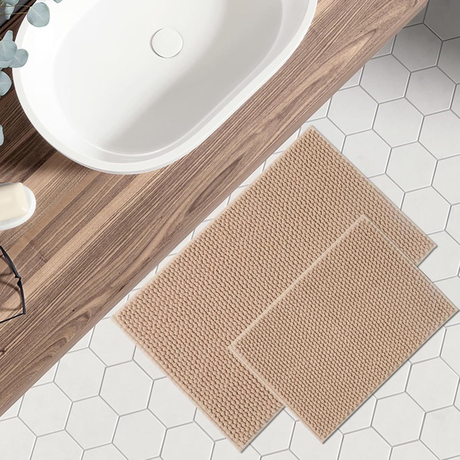 FRESHMINT Chenille Bathroom Rugs Set - 2 Piece 17''x24''+20''x32'', Non-Slip Absorbent Bath Mats, Washable Set of 2 Shower Floor Mats, Beige