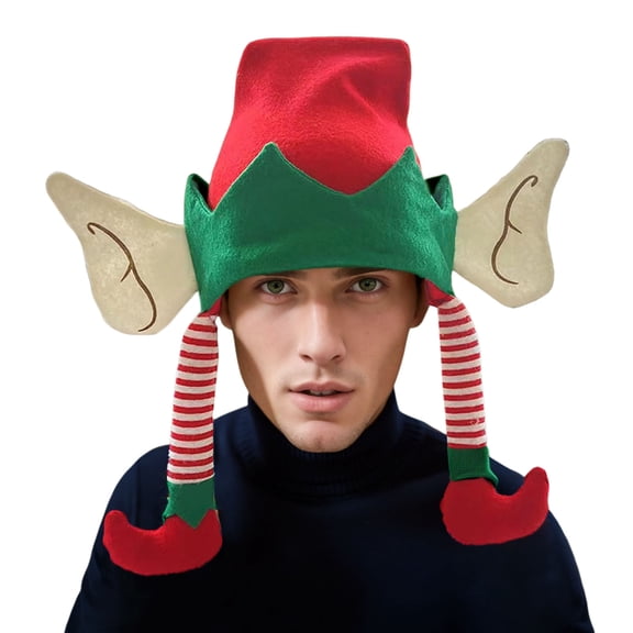 Christmas Elf Hat with Ears and Striped Legs, Holiday Party Headwear, Unisex Fun Festive Beanie Cap
