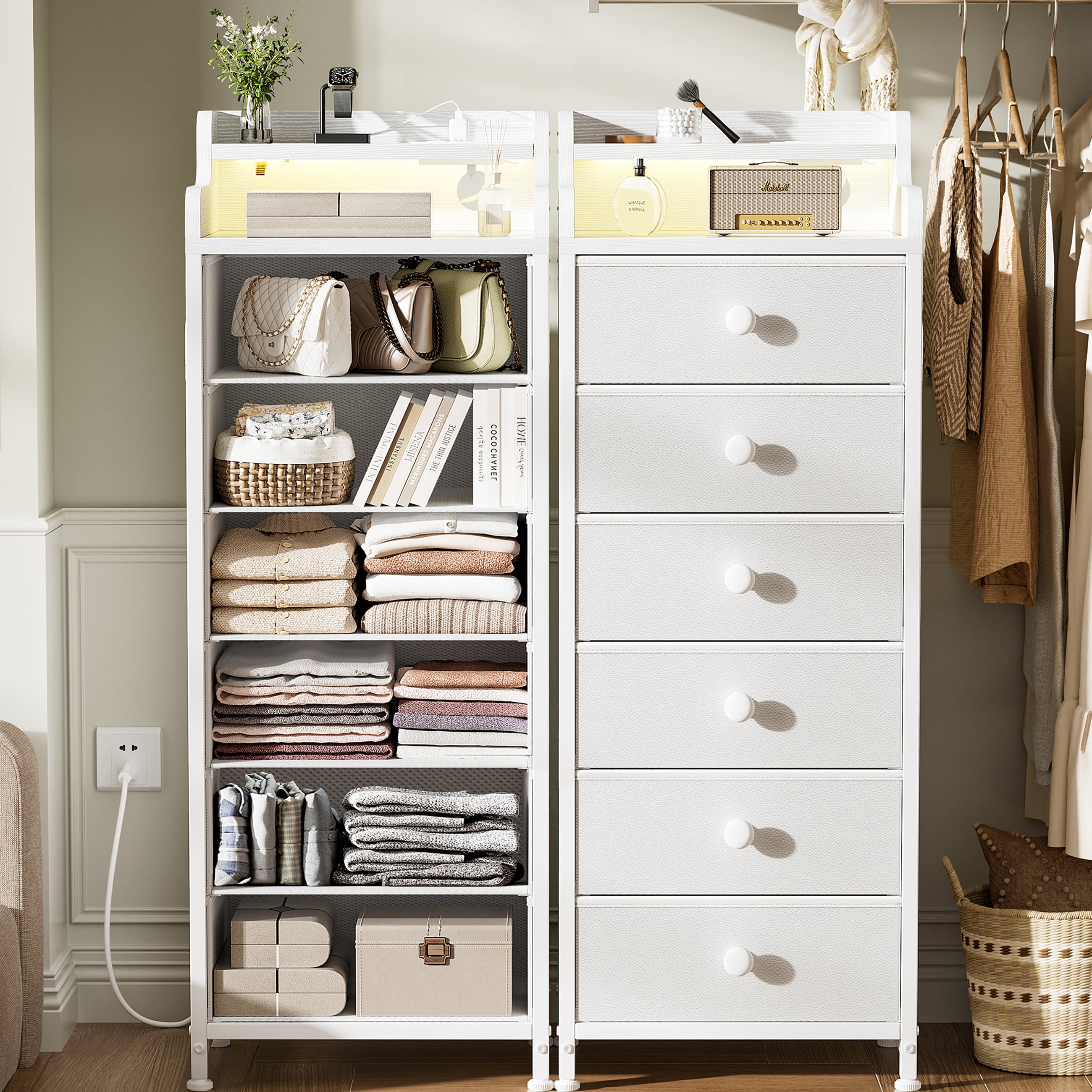 GUNAITO Tall Led Dresser for Bedroom with 6 Drawers Chest of Drawers Fabric Storage Bin White