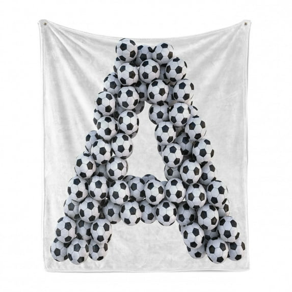 Letter a Soft Flannel Fleece Throw Blanket, Realistic Soccer Balls in Form of Capital Sports Play League Competition Theme, Cozy Plush for Indoor and Outdoor Use, 70" x 90", Black White, by Ambesonne