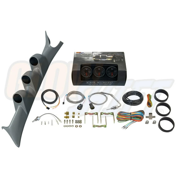 GlowShift | 1999-2007 Ford Super Duty 6.0 Powerstroke & 7.3 Powerstroke Gray Triple Pillar Pod with Black 7 Color Series 60 PSI Boost Gauge, 1500 Pyrometer EGT Gauge & Trans Temp Gauge