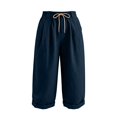thumbnail image 5 of Capri Pants for Women Linen Wide Leg Loose Fit with Drawstring Elastic Waist Casual Summer Cuffed Pants with Pockets, M, 5 of 6