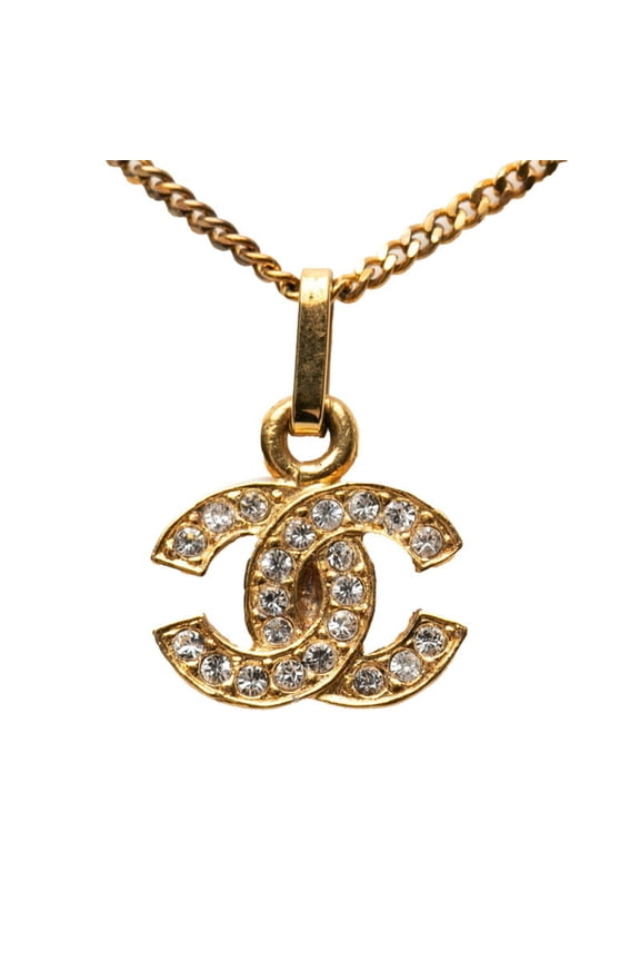 Pre-Owned Chanel Coco Mark Necklace, Gold Plated with Rhinestones, Women's, CHANEL (Good)