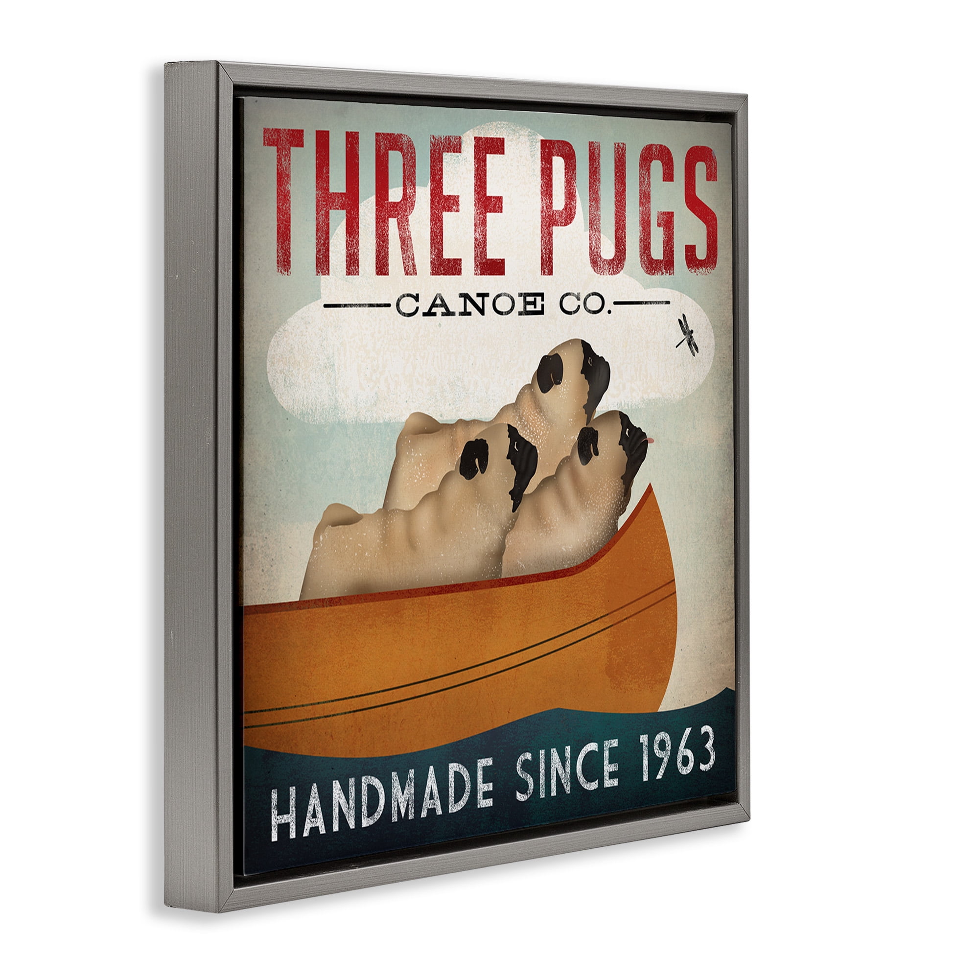 Stupell Industries Vintage Three Pugs in Canoe Animals & Insects Painting Gray Floater Framed Canvas Art Print Wall Art, 25 x 25