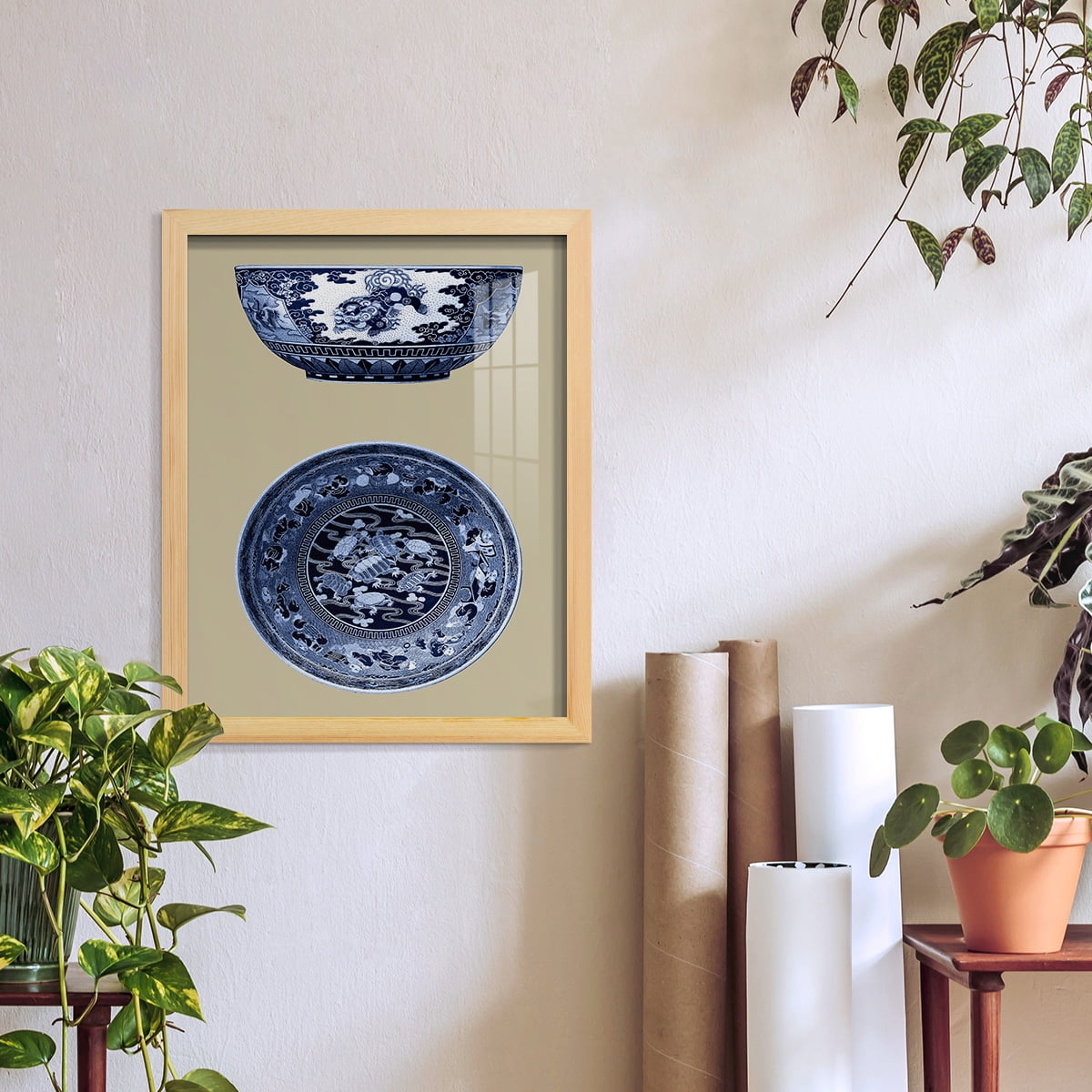 Porcelain in Blue and White I -Framed Print w/glass-Natural Wood