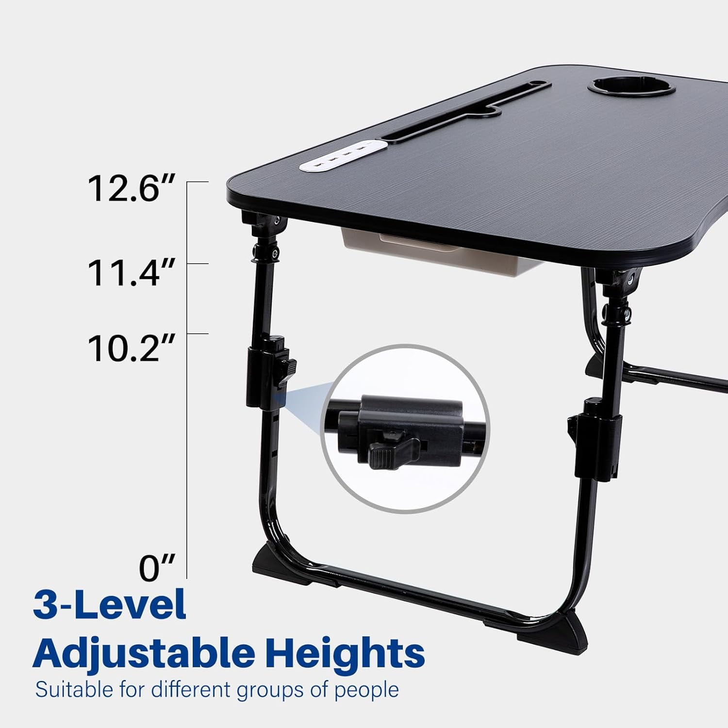 Laptop Desk for Bed, Height Adjustable Laptop Bed Table, Foldable Portable Lap Desk Stand with USB/Storage Drawer/Cup Holder/Slot, Breakfast Tray for Working Reading Writing Eating, White