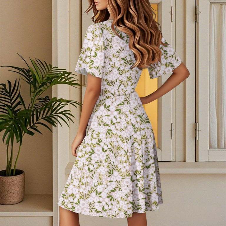 Womens Summer Short Sleeve Casual Dresses V-Neck Midi Dress with