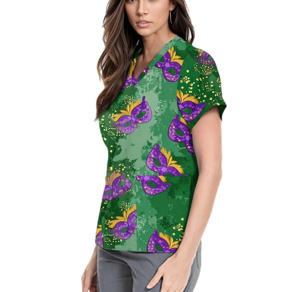 Lumtrix Mardi Gras Scrub for Women Plus Size Stretch V Neck Short Sleeve Shirt Mask Print Nursing Uniform with Pockets Side Slit Tops Dark Green 5XL