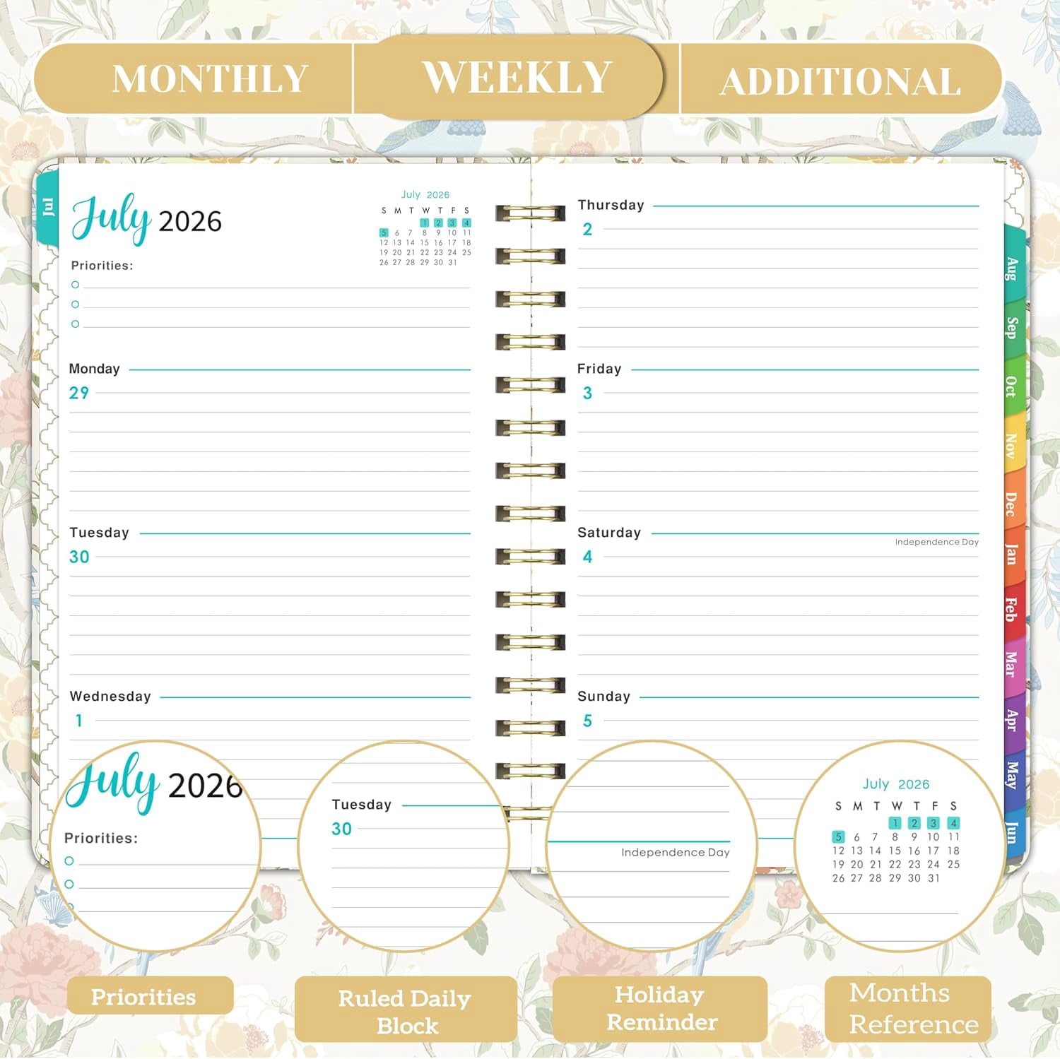 Academic Planner Weekly And Monthly 2026-2027, July 2026 To June 2027, 6.3 x 8.4 In, Colorful Tabs, Inner Pocket, Twin-Wire Binding