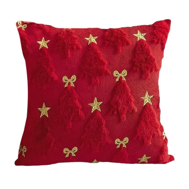 Funda de almohada navideña, árbol de Navidad rojo con lazo y estrella, funda de almohada con árbol de pueblo para sofá, tela de felpa de algodón, funda de almohada con fondo de flores de nieve inverna